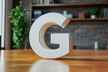 A white letter G is sitting on a wooden table