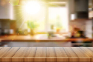3d realistic vector illustration. Wooden table with blurred kitchen background. Banner for product display or presentation.