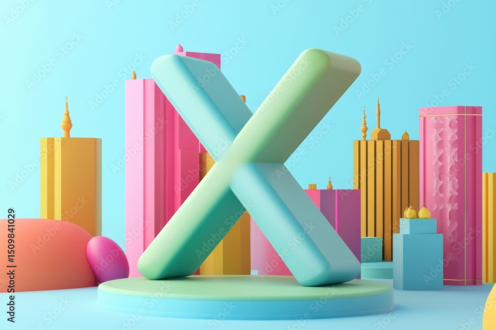 Poster the image is a colorful cityscape with a large x in the middle