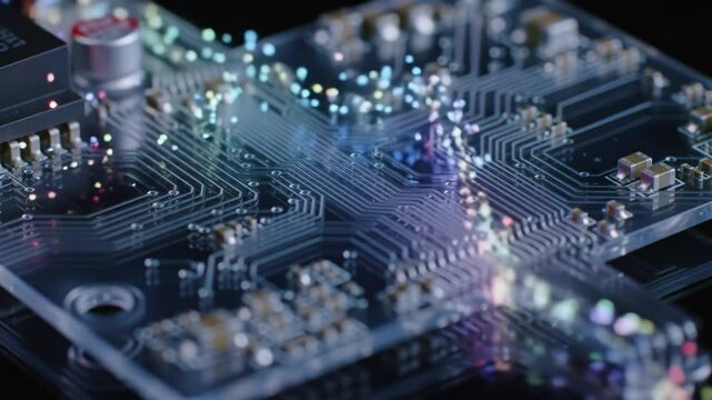Exploring intricate designs of a circuit board with colorful glowing elements