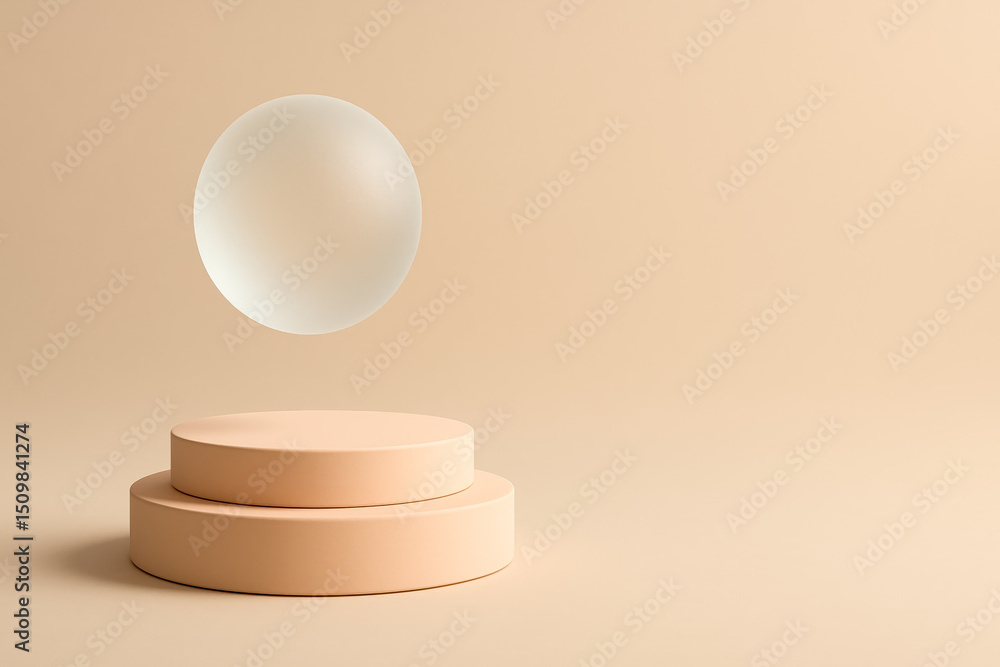 Poster empty round pastel podium with transparent floating sphere on soft beige background, designed for pr