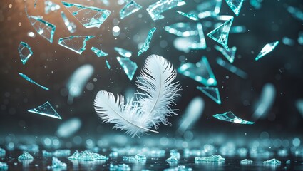 Gently falling white bird feathers surrounded by sparkling dust particles