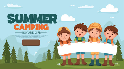 Illustration Of Group Of Kids Enjoying Summer Camping Adventures Outdoor Activities, Fun Adventures, And A Cheerful Group Bonding Experience In A Summer Setting.