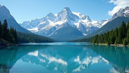 Snow Capped Mountain Range Reflected in Calm Alpine Lake Surrounded by Dense Forest