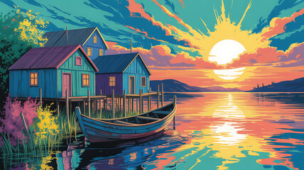 Obraz premium Vibrant sunset over calm lake with colorful houses