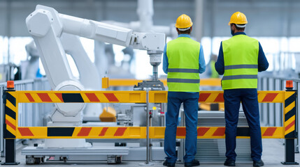 Engineers in safety vests monitor occupational safety near robotic machinery in modern industrial factory environment