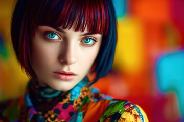 Fototapeta premium A woman with a colorful scarf and a blue and red hair style
