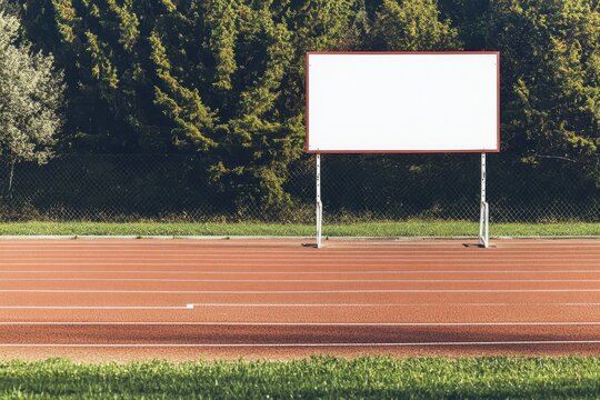 A white sign is on a field with a fence in the background