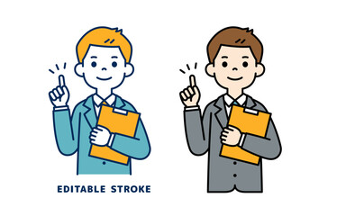ポイントを説明する、若いビジネスマンのベクターイラスト素材＿線幅の編集可能