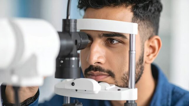 Medical training simulation for eye examination using advanced equipment ensuring precise vision testing and health assessment in clinical setting
