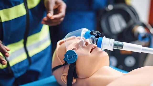 Medical training simulation with healthcare professional practicing ventilation on mannequin for emergency care and skill development