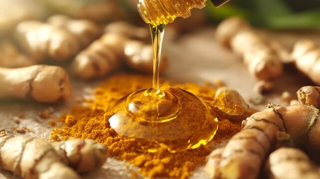 A bottle of oil is poured over a pile of ground turmeric. The oil is golden in color and the turmeric is yellow