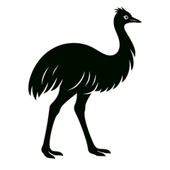Emu full body, white background, monochrome black, flat vector illustration, illustrator style