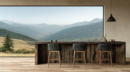 Rustic wooden bar counter with mountain view.