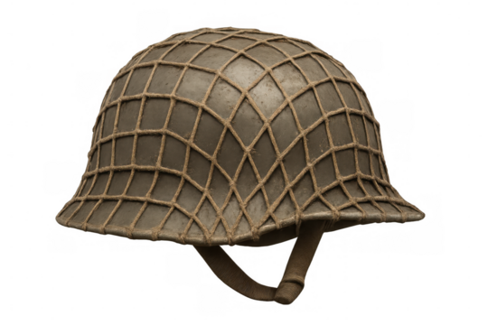 Studio shot of a german world war ii military helmet featuring camouflage netting, isolated on a transparent background