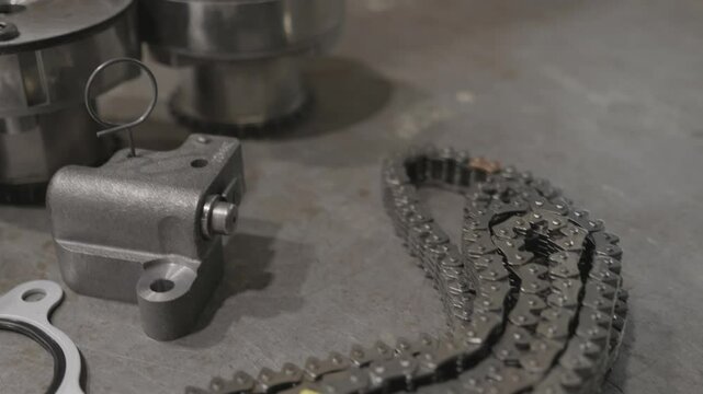 Showcase of timing chain parts for engine