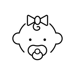 Baby girl with pacifiers line icon. Simple outline style. Infant face with pacifier and small curl. Ideal for childcare, newborn products.