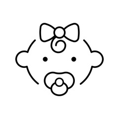Baby girl with pacifiers line icon. Simple outline style. Infant face with pacifier and small curl. Ideal for childcare, newborn products.