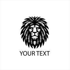 Black Tribal Lion Head Logo with Dreadlocks and Palm Leaves Isolated on White Background
