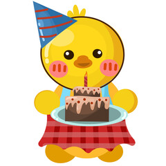 illustration of an adorable yellow duck character celebrating a birthday with a hat and birthday cake in hand