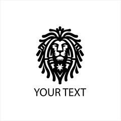 Black Tribal Lion Head Logo with Dreadlocks and Palm Leaves Isolated on White Background