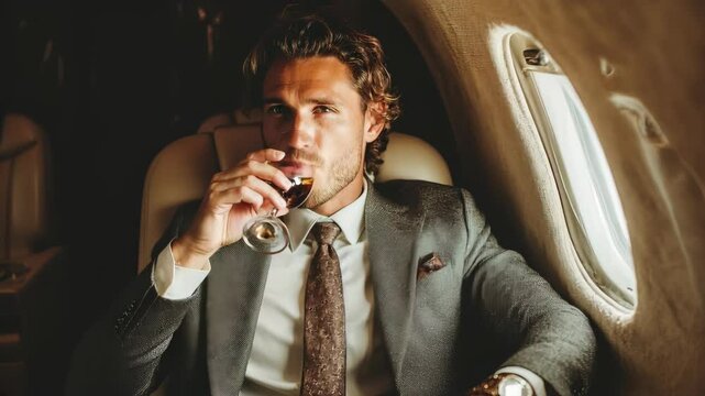Elegant man enjoying a glass of wine inside a private jet, with luxurious interior and calm atmosphere