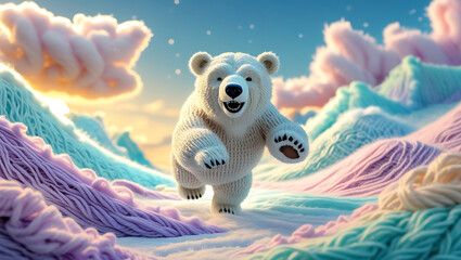 Handcrafted textured polar bear made of yarn bounding joyfully over soft knitted snow hills