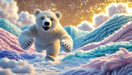 Vibrant oversized knitted polar bear playfully running across pastel yarn glacier landscape