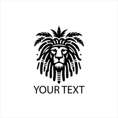 Black Tribal Lion Head Logo with Dreadlocks and Palm Leaves Isolated on White Background