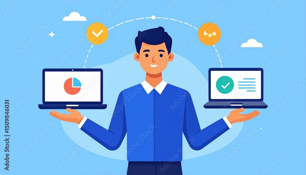 Poster smiling man holding laptops representing data comparison