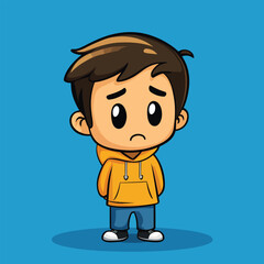 Obraz premium Sad Cartoon Boy in Yellow Hoodie and Blue Jeans