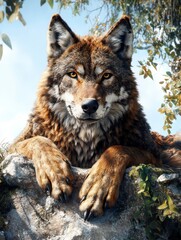 Majestic Red Wolf Resting on a Rock, Intense Gaze, Wild Nature