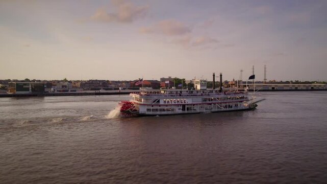 Aerial orbit around Natchez Steamboat on the Mississippi River