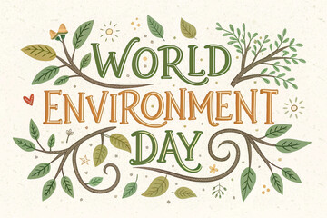 Stylized "World Environment Day" Text with Greenery Trees and Leaves Banner Design