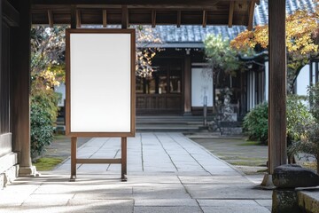 A white sign is on a wooden post in front of a building