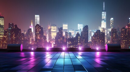 A rooftop concert stage with city skyline in the background
