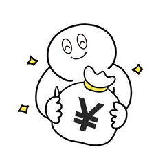 円のお金袋を抱えて喜ぶお金持ち棒人間