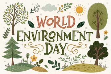Stylized "World Environment Day" Text with Greenery Trees and Leaves Banner Design
