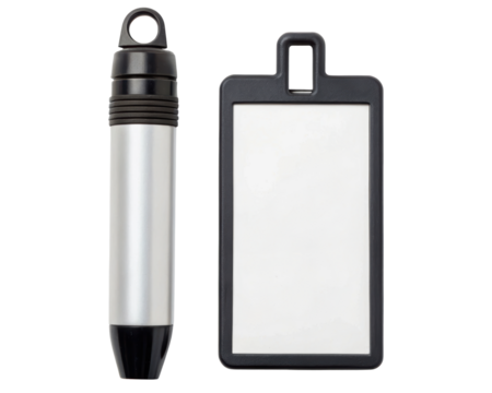 Silver badge reel and black vertical ID card holder on a transparent background