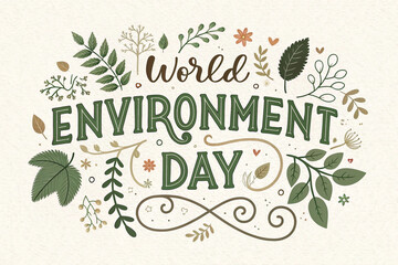 Stylized "World Environment Day" Text with Greenery Trees and Leaves Banner Design