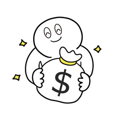 ドルのお金袋を抱えて喜ぶお金持ち棒人間