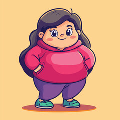 Fototapeta premium Smiling Cartoon Woman with Long Hair Pink Hoodie and Purple Pants