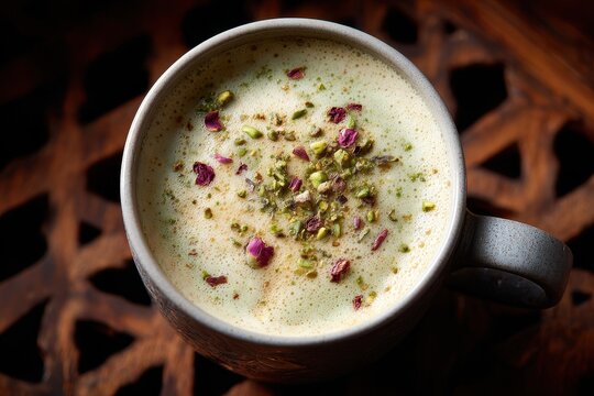 Elegant Mug of Uzbek Qatiq Latte with Swirling Foam and Sprinkles
