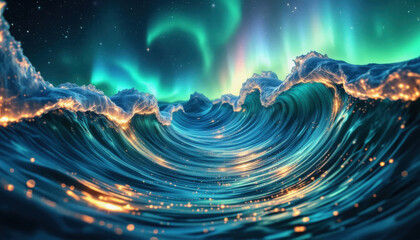 Waves crash rhythmically under a stunning display of northern lights, casting vibrant colors on the water's surface in a peaceful Arctic setting at night