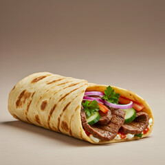 Beef Wrap: Grilled Flatbread, Marinated Steak, Vegetables, Asian-Style Wrap