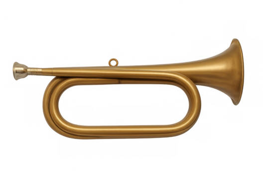 Gleaming brass bugle resting on clear backdrop, showcasing traditional military signaling instrument