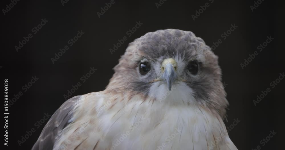 Poster close-up of hawk gazing intently in low light, sharp eyes locked forward with smooth feathers and ne