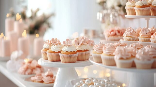 Elegant wedding dessert table featuring cupcakes with sugar flowers and pearls Generative AI - Powered by Adobe