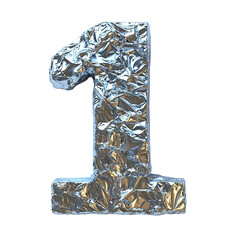 Top view of a 3D number 1 made of aluminum foil isolated on a white transparent background