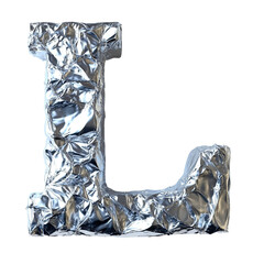 Top view of a 3D letter L made of aluminum foil isolated on a white transparent background